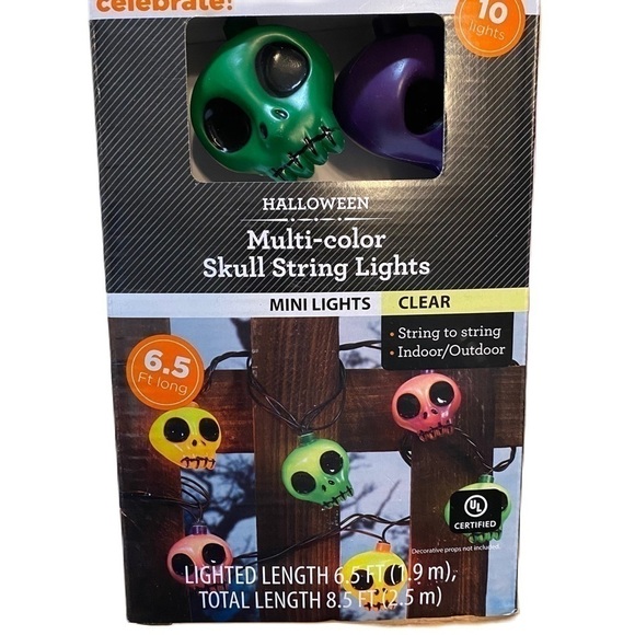 Skull String Lights NEW Halloween Decoration Multi Color Clear 8.5 ft Pink Green - Picture 1 of 6